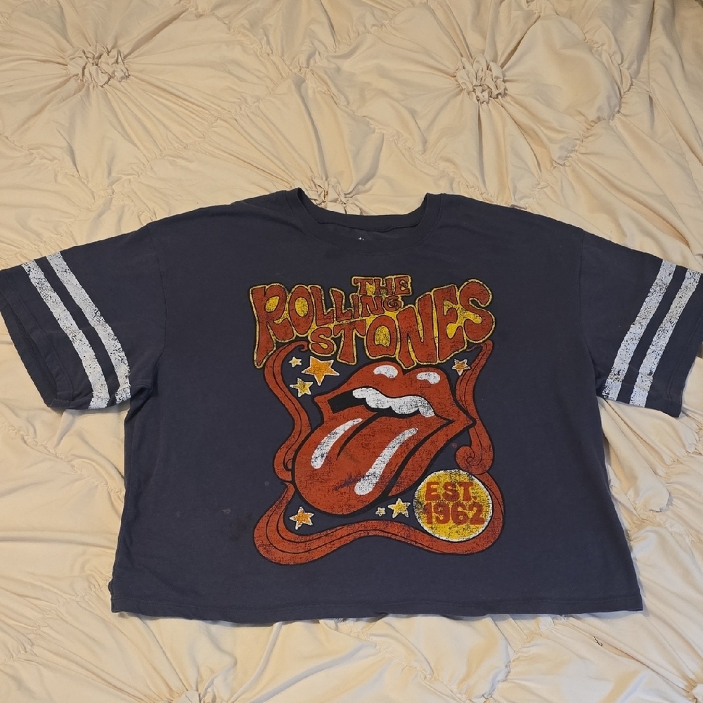 Rolling Stones Womens Blue Red Tongue Logo Cropped Graphic Band Tee L 12/14